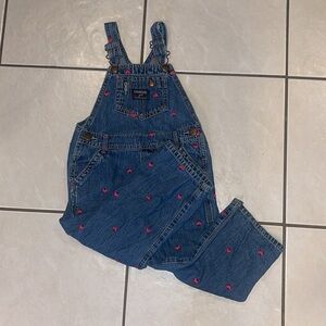 Vtg Osh Kosh Girl Sz 3 Vestbak Blue Jean Denim Overalls  Embroidered Pink Hearts